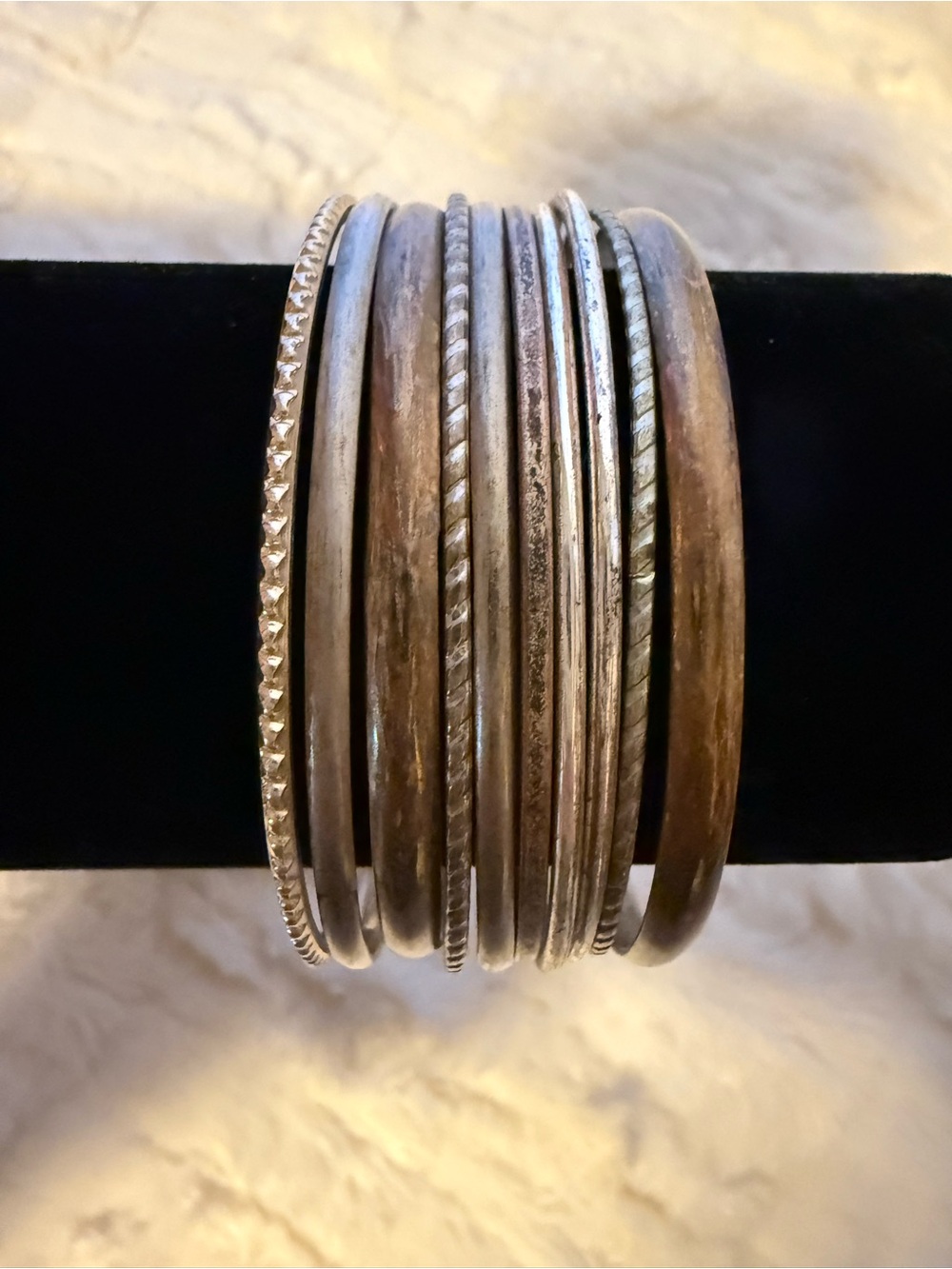 J7 Set of 10 Silver Tone Solid Metal Textured Stackable Bangle Bracelets